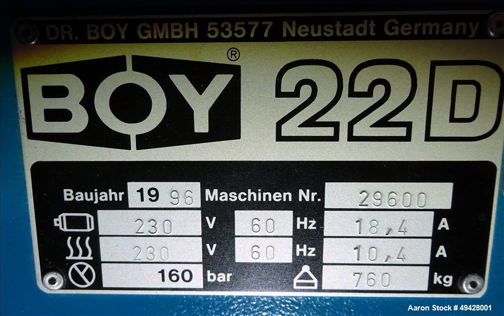 Used Boy Machines 22D Horizontal Injection Molder, Model 22D.