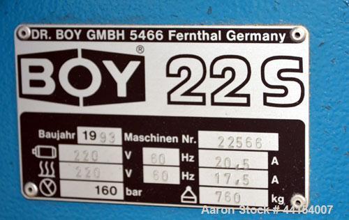 Used Boy Machines 22 S Dipronic Horizontal Injection Molder, 22 Tons, Model 220-52. Approximate 1.12 oz. shot size. Maximum platen daylight 15.75", maximum opening stoke (adjustable) 7.87", minimum m...