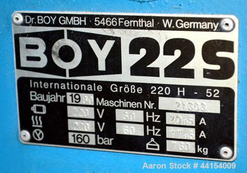 Used Boy Machines 22 S Dipronic Horizontal Injection Molder, 22 Tons, Model 220-52. Approximate 1.12 oz. shot size. Maximum platen daylight 15.75", maximum opening stoke (adjustable) 7.87", minimum m...