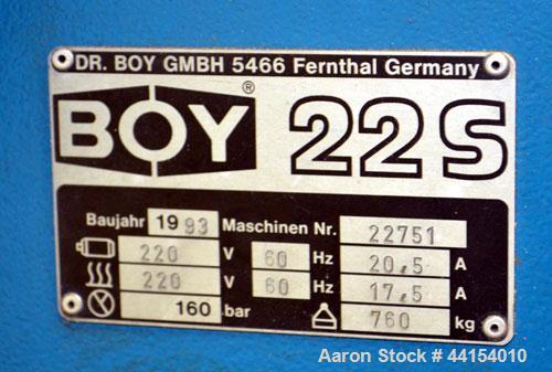 Used Boy Machines 22 S Dipronic Horizontal Injection Molder, 22 Tons, Model 220-52. Approximate 1.12 oz. shot size. Maximum platen daylight 15.75", maximum opening stoke (adjustable) 7.87", minimum m...