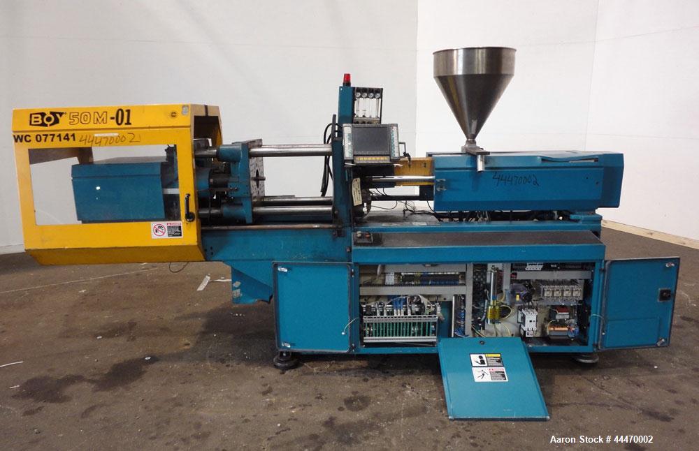 Used Boy Machines 50M Horizontal Injection Molder, 50 Tons, Model 50M. Maximum injection volume 29 oz., maximum opening stoke 13.7”, plate distance 0.8” to 23.6”, clear width between 2.16” diameter t...