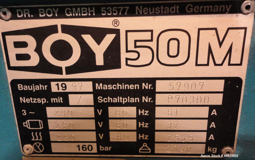 Used Boy Machines 50M Horizontal Injection Molder, 50 Tons, Model 50M. Maximum injection volume 29 oz., maximum opening stoke 13.7”, plate distance 0.8” to 23.6”, clear width between 2.16” diameter t...