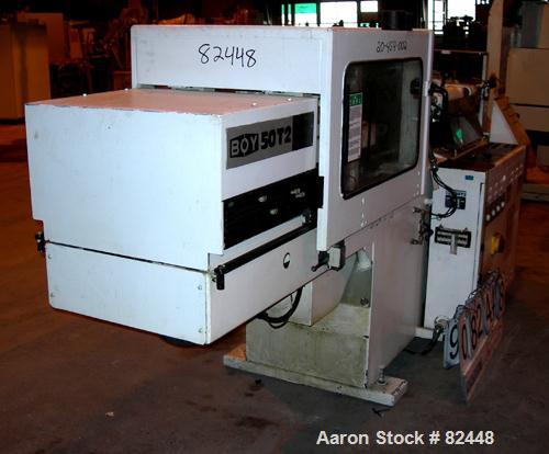 Used Boy Hydraulic Injection Mold Machine, Model 50T2. 50 Ton clamping pressure. Approximate shot sizes, 5.57 ounce with a 42mm screw, 4.58 with a 38mm screw, 3.25 with a 32mm screw, 2.5 with a 28mm ...