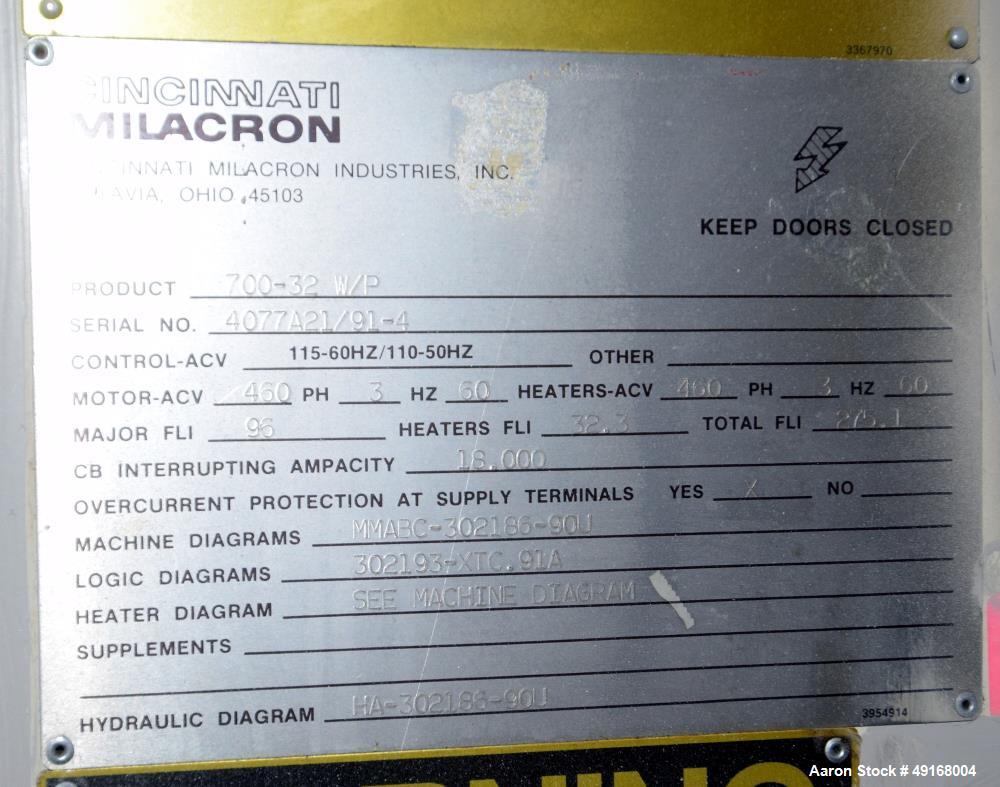 Used Cincinnati Milacron Horizontal Injection Molder, 700 Ton, Model 700-32 W/P. Clamp force approximate 700 tons, approximate maximum daylight 70", approximate platen size 54.5" x 54.5", approximate...