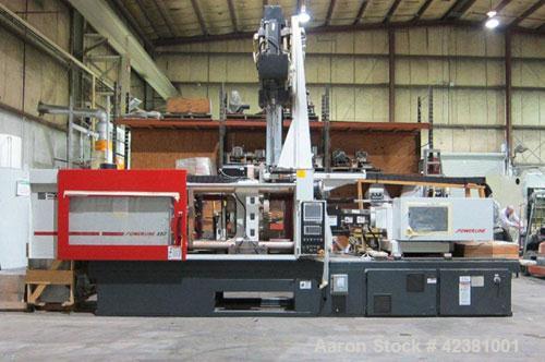 Used Milacron Powerline Multi-Component Two Platen Injection Molder, 330 Ton, Model NT330-8-7.6. Clamp force 330 ton, clamp stroke 600mm, maximum daylight 1525mm. Mold height maximum 670mm to 925mm, ...