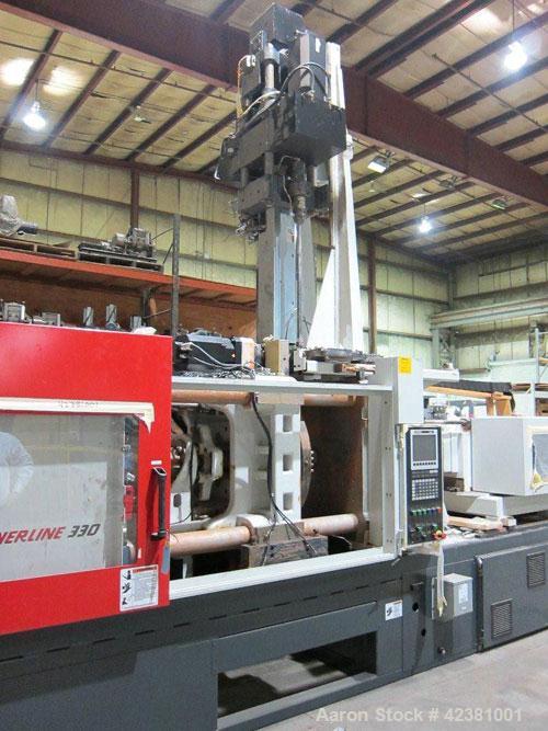 Used Milacron Powerline Multi-Component Two Platen Injection Molder, 330 Ton, Model NT330-8-7.6. Clamp force 330 ton, clamp stroke 600mm, maximum daylight 1525mm. Mold height maximum 670mm to 925mm, ...