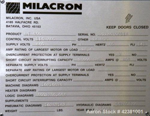Used Milacron Powerline Multi-Component Two Platen Injection Molder, 330 Ton, Model NT330-8-7.6. Clamp force 330 ton, clamp stroke 600mm, maximum daylight 1525mm. Mold height maximum 670mm to 925mm, ...