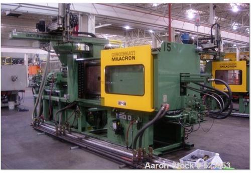 USED: Cincinnati Milacron 300 ton, model VT300-34, injection molding machine, 34 oz. Manufactured 1994. Platen size 36.8" x 36.2". Tie bar spacing 25.2" x 24.6". Max daylight 48". Clamp stroke 22.8"....