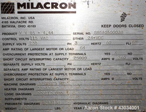 Used- Ferromatik Milacron Vista V Series Toggle Injection Molder, 85 Ton, Model VV-85-4.44. Clamp stroke 11", maximum daylig...