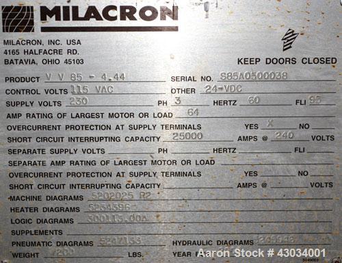 Used Ferromatik Milacron Vista V Series Toggle Injection Molder, 85 Ton, Model VV-85-4.44. Clamp stroke 11", maximum daylight 24". Mold height maximum/minimum 13"/4.9". Platen size 22" x 19.7". Tie r...