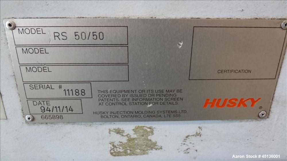 Used Husky 225 Ton Horizontal Injection Mold Machine, Model SX225 R/S 50/50, Serial #11188, Year 1994. Distance Between Tie Bars: 620mm x 620mm. Clamp Stroke  Maximum: 475mm. Mold Shut height: 200 to...