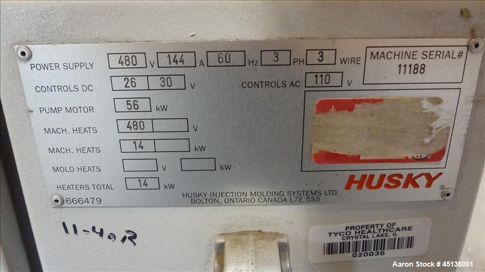 Used Husky 225 Ton Horizontal Injection Mold Machine, Model SX225 R/S 50/50, Serial #11188, Year 1994. Distance Between Tie Bars: 620mm x 620mm. Clamp Stroke  Maximum: 475mm. Mold Shut height: 200 to...