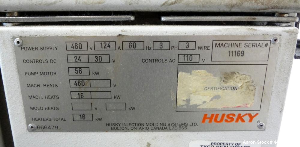 Used Husky Horizontal Injection Mold Machine, 300 Tons, Model SX300 RS60/50. Platen Size: 40.79" x 40.79". Distance Between 4.5" Tie Bars: 28.35" x 28.35". Clamp Stroke: 25.59". Shut Height Minimum/M...