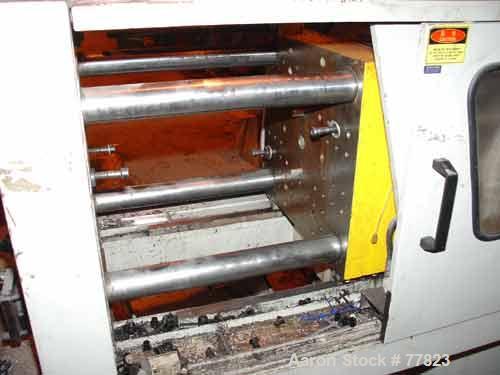 USED:Itairy Machinery toggle injection molding machine, modelUM-120 I III. 120 ton clamping pressure. Platen size approx 23-1/2" x23-1/2". Distance between 2-3/4" diameter tie bars approx 15-1/2" lef...