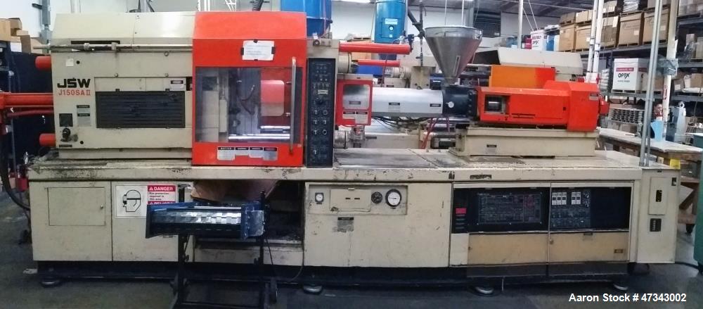 Used JSW Horizontal Injection Molding Machine, Model J150SS-II. SVO injection head, double toggle mold clamping unit, 150 ton clamping force. 850 mm daylight, 400 mm platen stroke. 220-450 mm mold th...