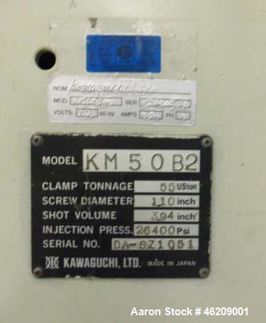 Used Kawaguchi Injection Molding Machine, Model KM50B2. 50 Ton clamping force. Space between tie bars 310 mm x 310mm. Platen size 450 mm x 445mm, 150 mm minimum mold height, 300 mm maximum mold heigh...