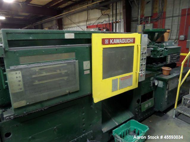 Used Kawaguchi model KS-120B injection moulding machine, 13.54 shot vol, 120 ton capacity, 1.65 dia, 20.200 psi, 3/60/575 volts. s/n BF-2X0964