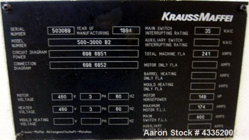 Used Krauss Maffei Horizontal Injection Molder, 500 Tons, Model 500-3000 B2