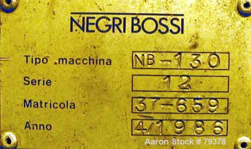USED: Negro Bossi injection molding machine, model NB-130. Built 1986. 30 ton clamping pressure. Platen size 25" wide x 25" high. Distance between 2-3/4" tie bars 16" left to right, 16" top to bottom...