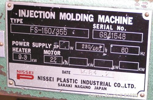 USED: Nissei horizontal injection molding machine, model FS-150/355. 150 ton clamping force. Platens 26-3/4" wide x 23-1/2" tall. 3" diameter tie bars, distance between 14-1/2" wide x 18" tall. Max d...