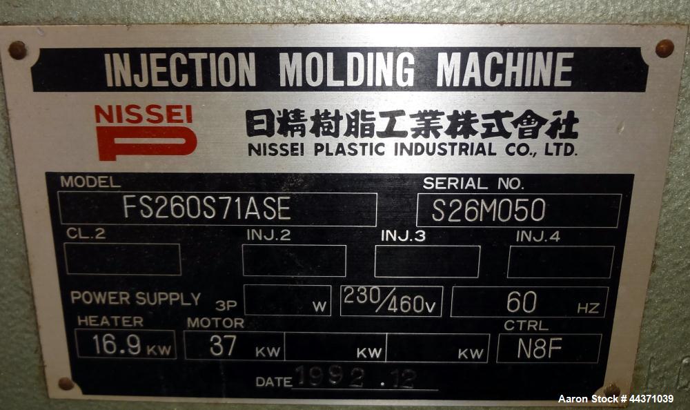 Used Nissei Hydraulic Injection Mold Machine, Approximate 286 Ton, Model FS260S71ASE. Hydraulic Clamp, Shot Size 29.8 Oz., Screw Size 71mm ("C"), Tie Bar Spacing 24" x 24", Platen Size 35-1/2" x 35-1...