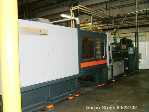 USED: Sandretto 610 ton, 138 oz, model TEW-610 plastic molding machine2001. Platen size 53" x 48"; distance between tie bars 37" x 33",min/max mold 12"/39", ejection stroke 13.8", dimensions 39.4" x ...