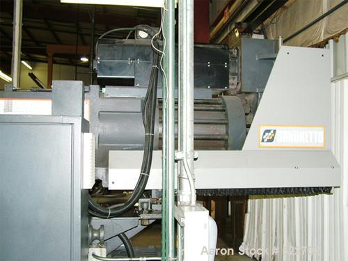 USED: Sandretto 610 ton, 138 oz, model TEW-610 plastic molding machine2001. Platen size 53" x 48"; distance between tie bars 37" x 33",min/max mold 12"/39", ejection stroke 13.8", dimensions 39.4" x ...