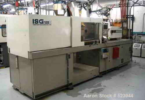 USED: Toshiba 120 ton, model ISG120NV10-2Y, injection molding machine, 3 oz. Manufactured 1999. Distance between tie bars 16.1" x 16.1". Platens 24" x 24". Clamp stroke 21.7". Min/max daylight 7.9/29...