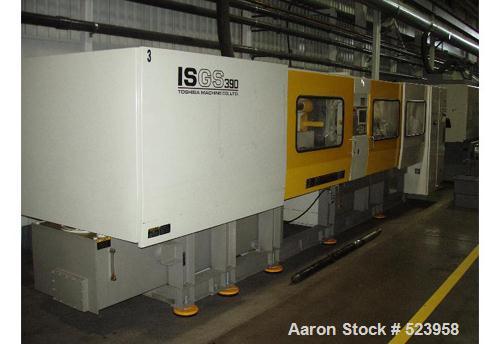 USED: Toshiba 390 ton, model ISGS390V10-27B, injection molding machine, 63 oz. Manufactured 2002. Tie bar spacing 28.7" x 28.7".Platen dimensions 40.1" x 40.1". Daylight (open/closed) 49.2"/11.8".Cla...