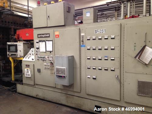 Used Uniloy 400 ton structural foam injection molding machine. 879 oz shot size HDPE foam, platen measures 67" x 58", daylight 120", stroke 108", min mold height 12", Maco 8000 controls, Allen Bradle...