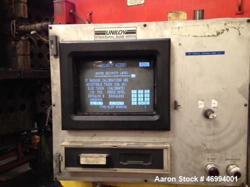 Used Uniloy 400 ton structural foam injection molding machine. 879 oz shot size HDPE foam, platen measures 67" x 58", daylight 120", stroke 108", min mold height 12", Maco 8000 controls, Allen Bradle...