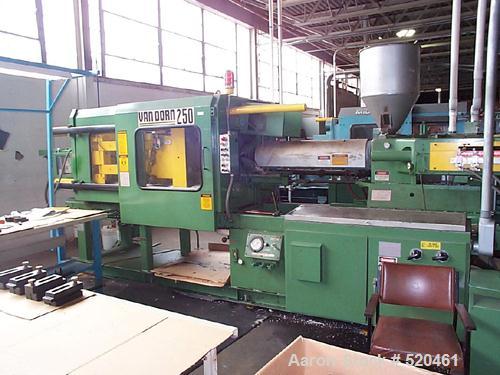USED: 250 ton Van Dorn 35 oz shot injection molding machine. 22" x 22" tie bar clearance, 33" x 38-1/2" platen size, clamp stroke 19' max, 8" min, mold thickness 23' max, 8' min. Model #250-RS-35F HS...