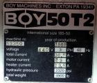 Used Boy Hydraulic Injection Mold Machine, Model 50T2. 50 Ton clamping pressure. Approximate shot sizes, 5.57 ounce with a 42mm screw, 4.58 with a 38mm screw, 3.25 with a 32mm screw, 2.5 with a 28mm ...