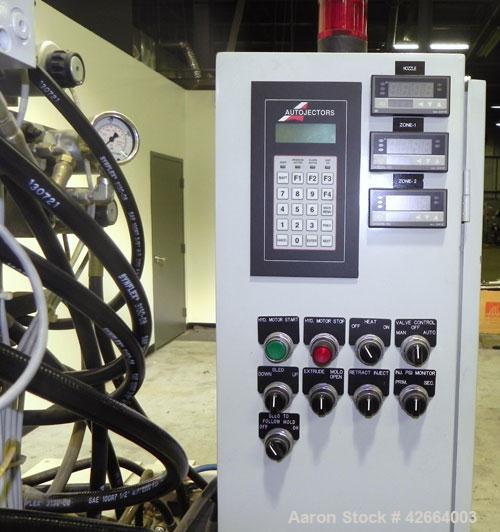Used Autojectors Model VS10-S Vertical Injection Molding Machine. 10 Ton system. Approximate shot size 1.74 oz. Has vertical hydraulic clamp, 1" vertical screw injection, approximate 15 to 1 L/D rati...