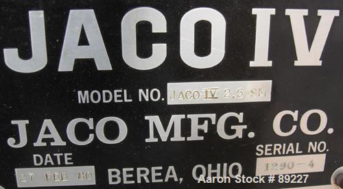 USED: Jaco vertical injection molder, model IV2.5SM. Approximate 2.5 ton capacity. Built 1980.
