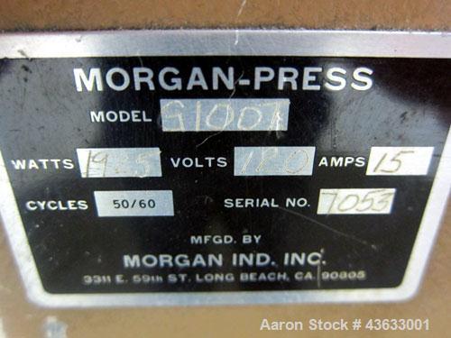 Used Morgan-Press Vertical Injection Molder, Model G100T. 20 Ton maximum clamping force, 0-800 degrees F temperature control range, 12,000 psi maximum injection pressure. 
