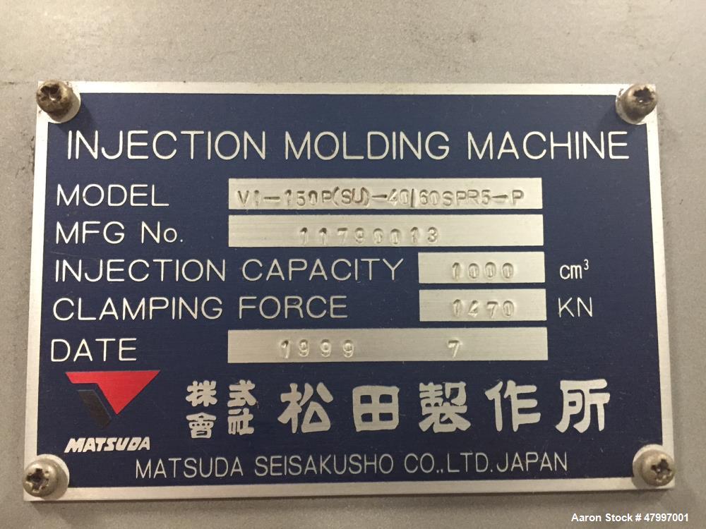 Used Matsuda Vertical Rubber Injection Molding Machine, Model VI-150P(SU)-40-60SPR5-P. 15" x 15", 150 Ton, 1476 KN clamping force. 43 KN mold opening force, 550 mm daylight, 375 mm stroke. 175 mm min...