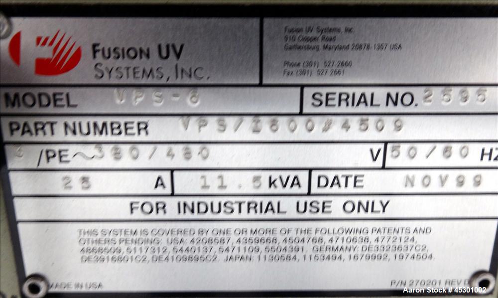 Used Fusion UV System Curing Tunnel Conveyor System, Model DRS-10/12QN UV 