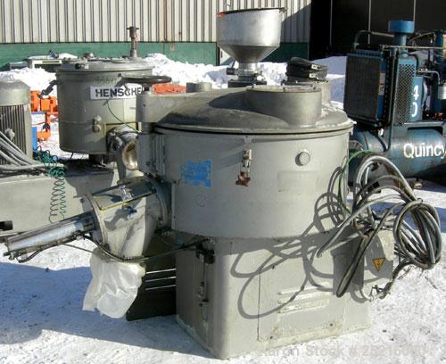 Used Henschell Cooler, Model KM-350-B, 12 Cubic Feet, 321 Stainless Steel. Carbon steel jacketed bowl 39" diameter x 18" deep ( no rating). Swing away top cover, single tier blade. 8" outlet with plu...