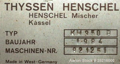 Used Henschell Cooler, Model KM-350-B, 12 Cubic Feet, 321 Stainless Steel. Carbon steel jacketed bowl 39" diameter x 18" deep ( no rating). Swing away top cover, single tier blade. 8" outlet with plu...