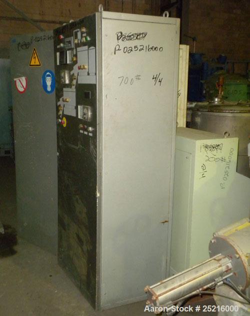 Used Henschell Cooler, Model KM-350-B, 12 Cubic Feet, 321 Stainless Steel. Carbon steel jacketed bowl 39" diameter x 18" deep ( no rating). Swing away top cover, single tier blade. 8" outlet with plu...