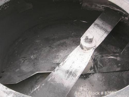 USED: Henschel Cooler, approximately 1000 liter, 35 cubic foot, 316 stainless steel. Carbon steel jacketed bowl 59" diameter x 24" deep, swing away top cover. 2 tier blade. Side bottom outlet with pl...
