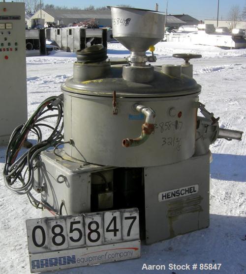Used Henschel model FM250 high intensity mixer, 321 stainless steel product contact areas. Carbon steel jacketed bowl 29-1/2" diameter x 25" deep. Swing away top cover with baffle, 3 tier blade, 6" o...