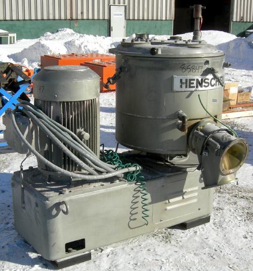 Used Henschel model FM250 high intensity mixer, 321 stainless steel product contact areas. Carbon steel jacketed bowl 29-1/2" diameter x 25" deep. Swing away top cover with baffle, 3 tier blade, 6" o...