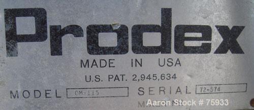 Used Prodex 500 Liter (11.5 cu ft) Mixer/Cooler Combo, Stainless Steel. Consisting of: (1) type 115JSS high intensity mixer, carbon steel jacketed bowl 36-1/2" diameter x 31" deep. Top cover with baf...