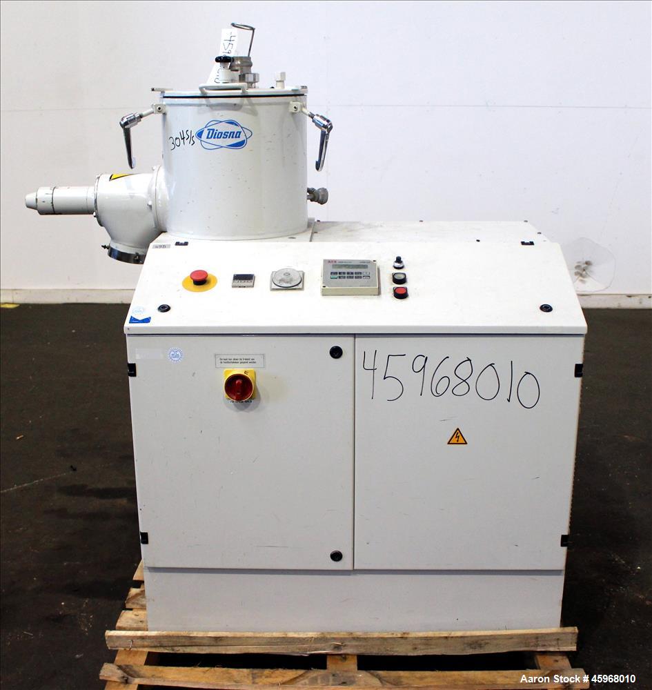 Used Diosna High Intensive Mixer, Type R25, 304 Stainless Steel. 25 Liter (0.88 cubic feet) capacity. 13-3/8" Diameter x 12-1/2" deep jacketed bowl with hinged top cover and 4 tier blade. Driven by 1...