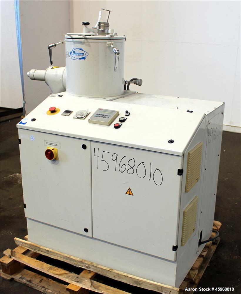 Used Diosna High Intensive Mixer, Type R25, 304 Stainless Steel. 25 Liter (0.88 cubic feet) capacity. 13-3/8" Diameter x 12-1/2" deep jacketed bowl with hinged top cover and 4 tier blade. Driven by 1...