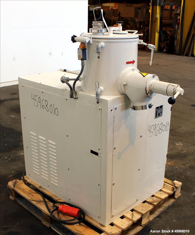 Used Diosna High Intensive Mixer, Type R25, 304 Stainless Steel. 25 Liter (0.88 cubic feet) capacity. 13-3/8" Diameter x 12-1/2" deep jacketed bowl with hinged top cover and 4 tier blade. Driven by 1...