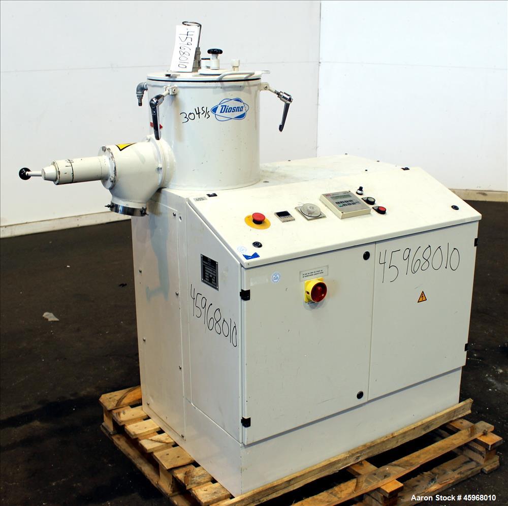Used Diosna High Intensive Mixer, Type R25, 304 Stainless Steel. 25 Liter (0.88 cubic feet) capacity. 13-3/8" Diameter x 12-1/2" deep jacketed bowl with hinged top cover and 4 tier blade. Driven by 1...