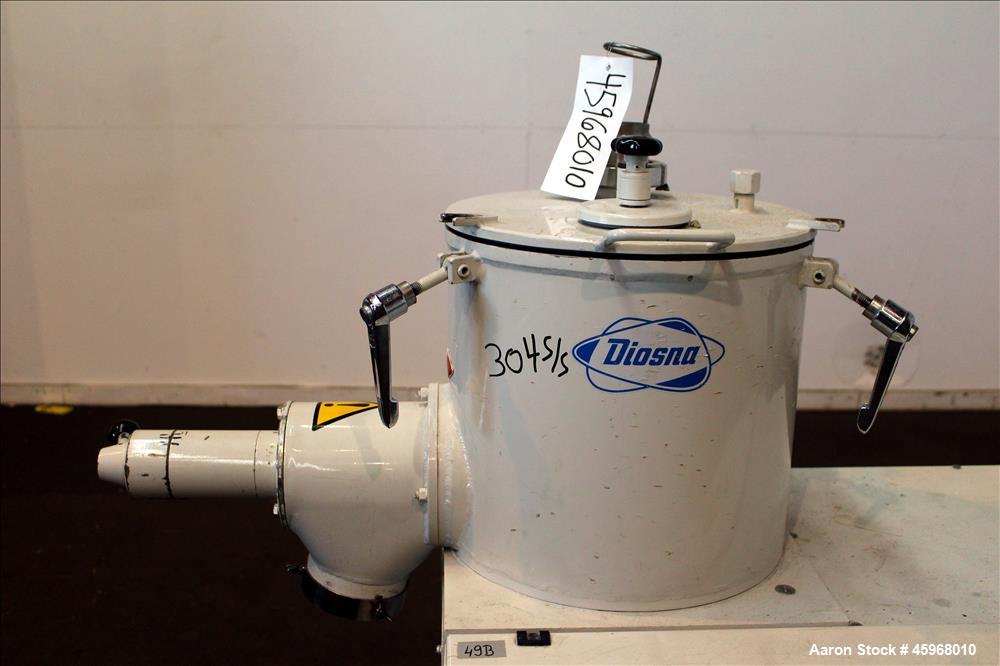 Used Diosna High Intensive Mixer, Type R25, 304 Stainless Steel. 25 Liter (0.88 cubic feet) capacity. 13-3/8" Diameter x 12-1/2" deep jacketed bowl with hinged top cover and 4 tier blade. Driven by 1...